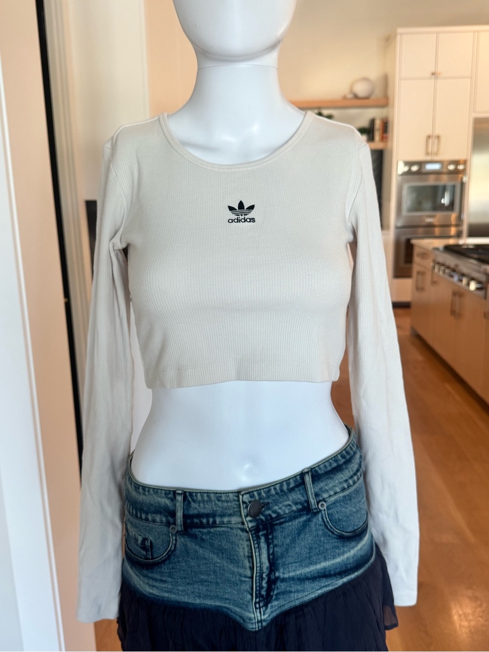 adidas Cream Long-Sleeve Cropped Ribbed Top